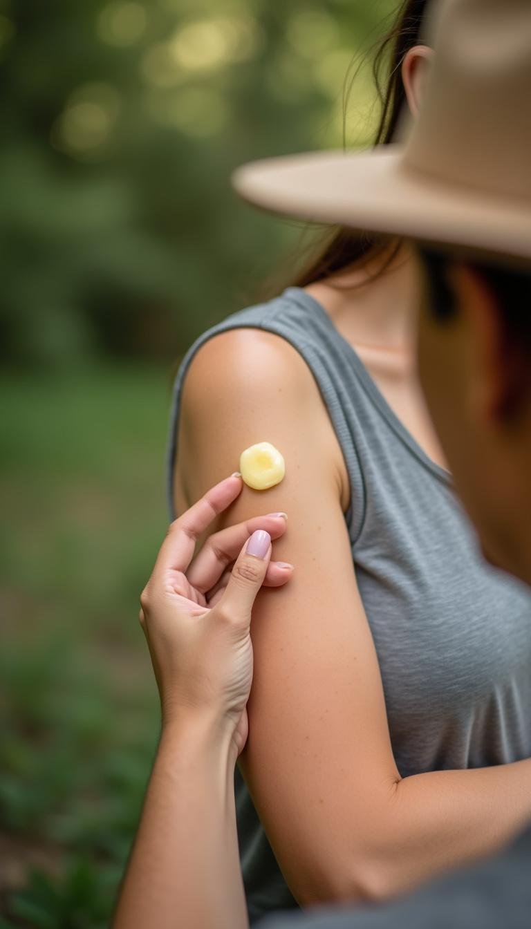 Individual applying homemade allergy relief balm to their skin in a peaceful outdoor environment