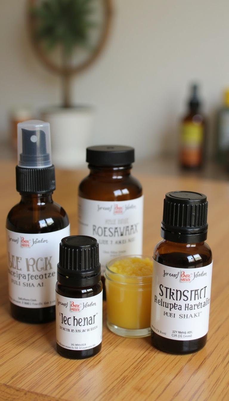 Ingredients used for homemade allergy relief balm, such as essential oils, beeswax, and herbs