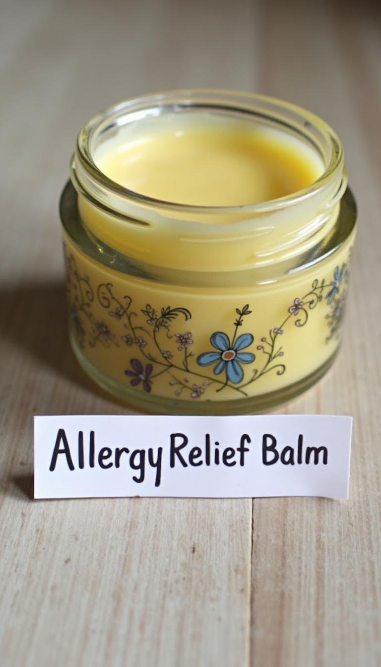 Finished homemade allergy relief balm in a jar with ingredients photo for product presentation