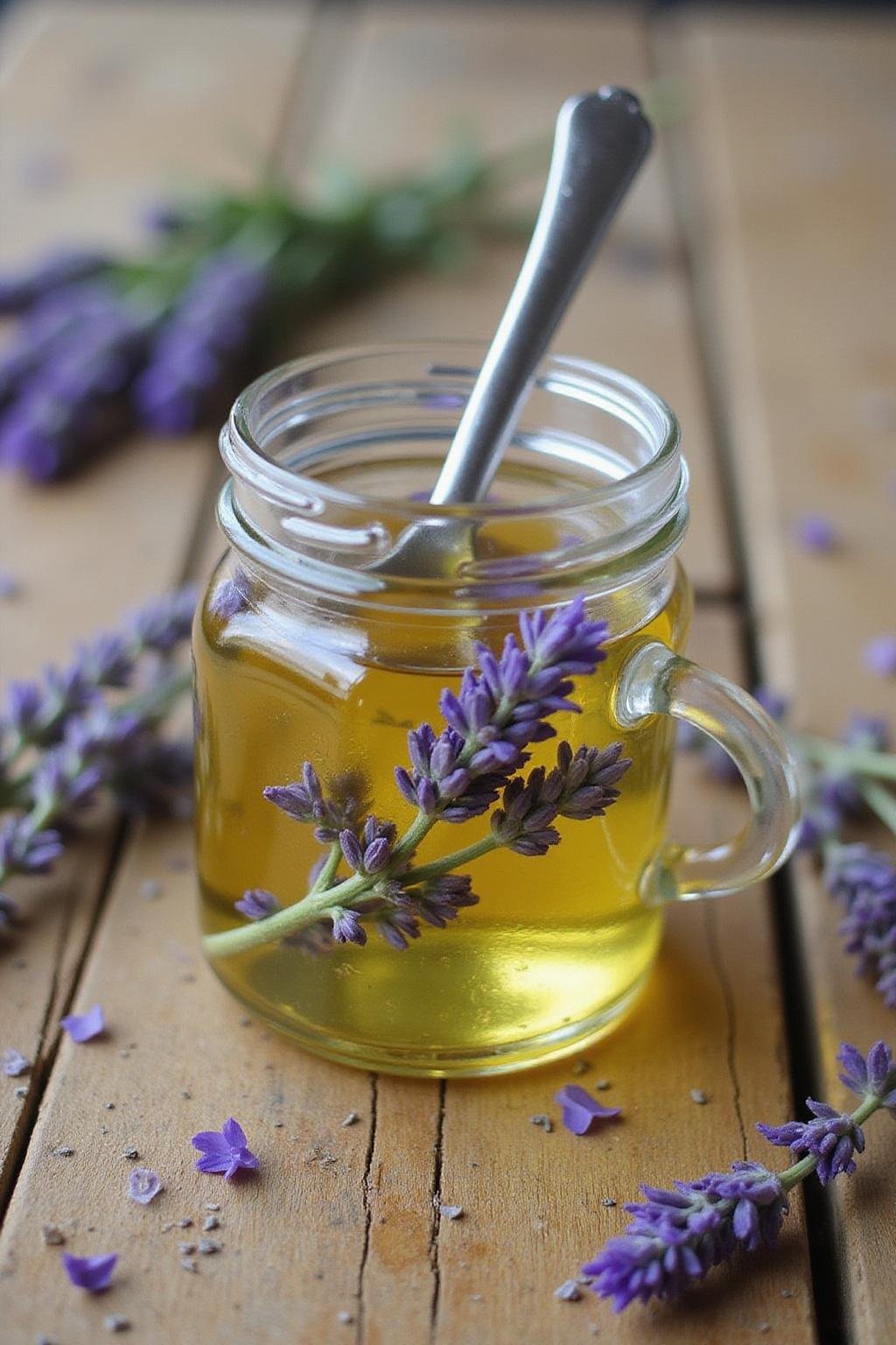 Homemade lavender-infused body oil in a glass jar on a wooden surface, showcasing a natural skincare product