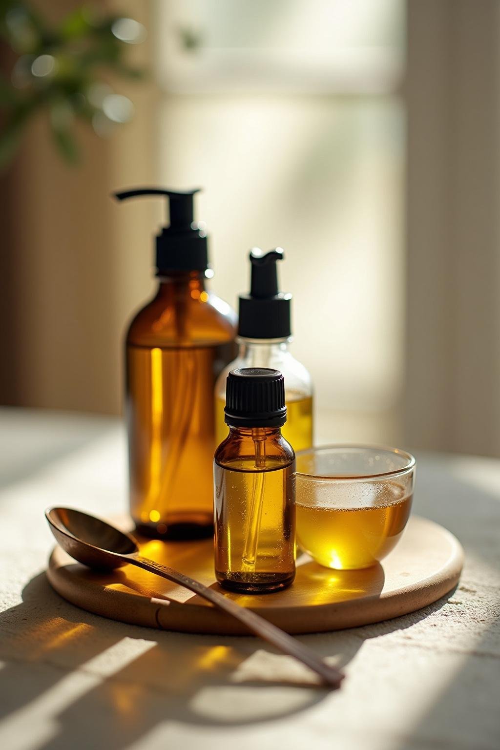 Assorted natural ingredients like carrier oils and essential oils on a kitchen counter for homemade body oil recipe