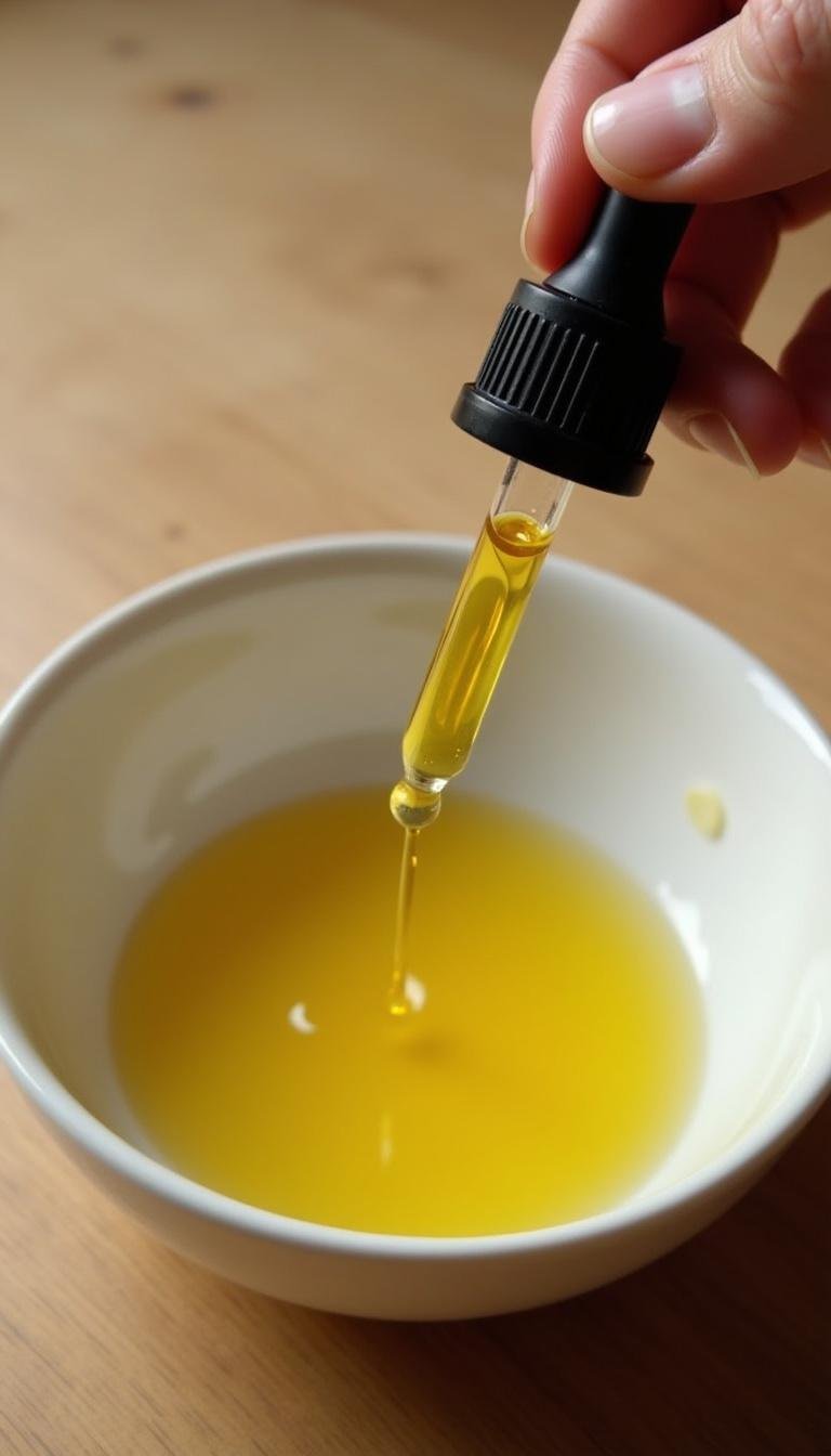 Essential oils being added to carrier oil in a studio setting, preparing homemade body oil mixture