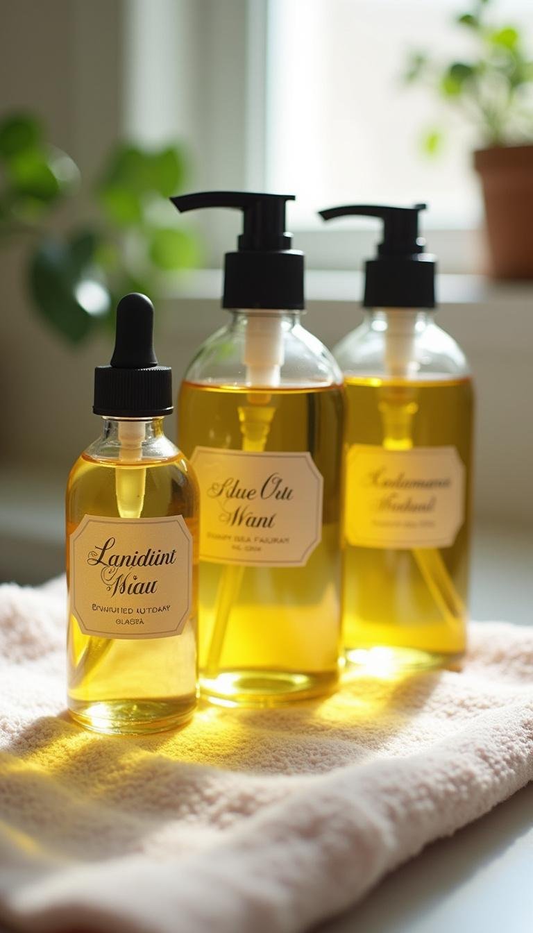Ready-made homemade body oils in bottles on a towel, showcasing natural skincare products