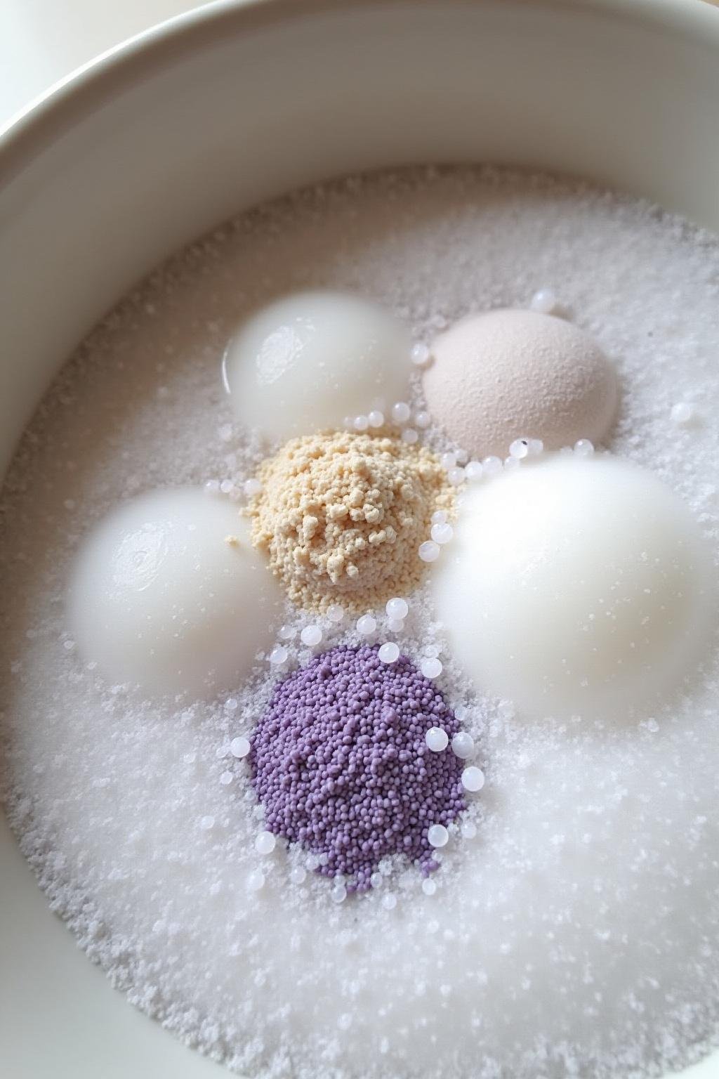 Close-up image of homemade bubble bath ingredients mixed with lavender and essential oils in a bowl