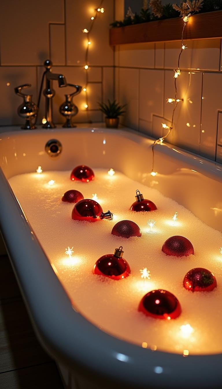 Bathroom scene with a bathtub filled with bubbles, holiday decorations, and festive lighting