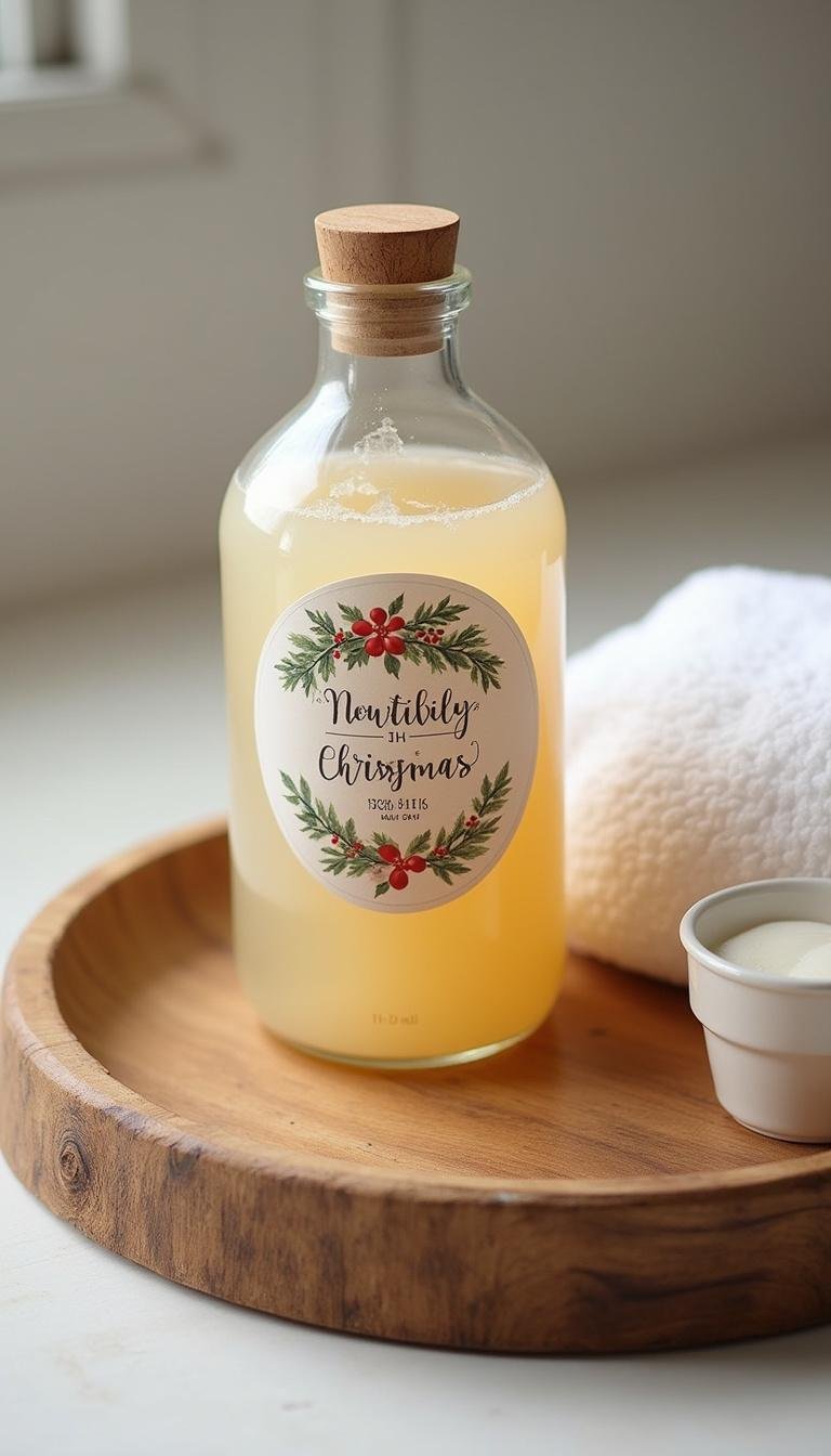 Homemade bubble bath in a decorative bottle with holiday motifs on a tray beside bath essentials