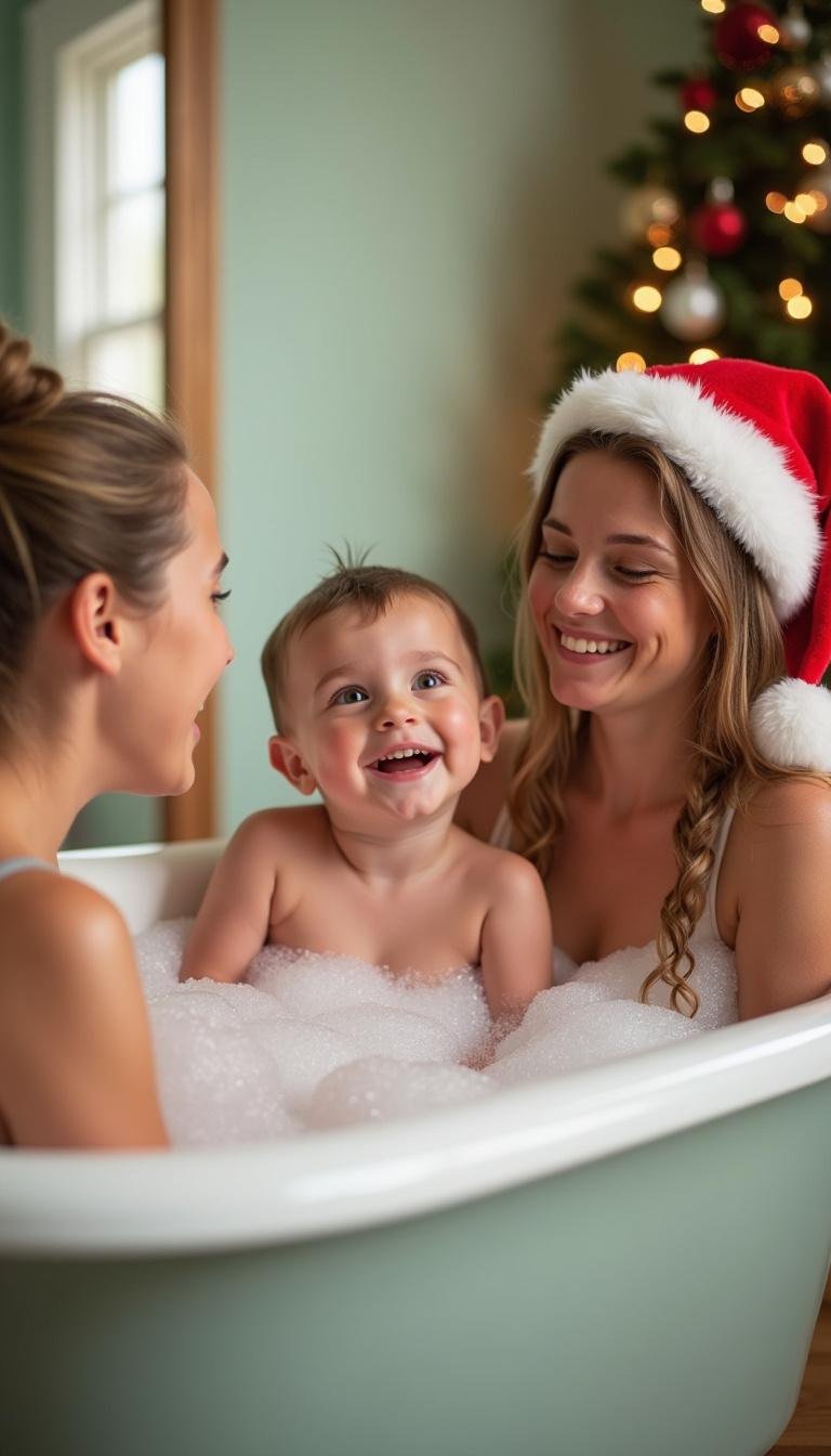 People having fun in a holiday-themed bubble bath with joyful expressions and festive decor