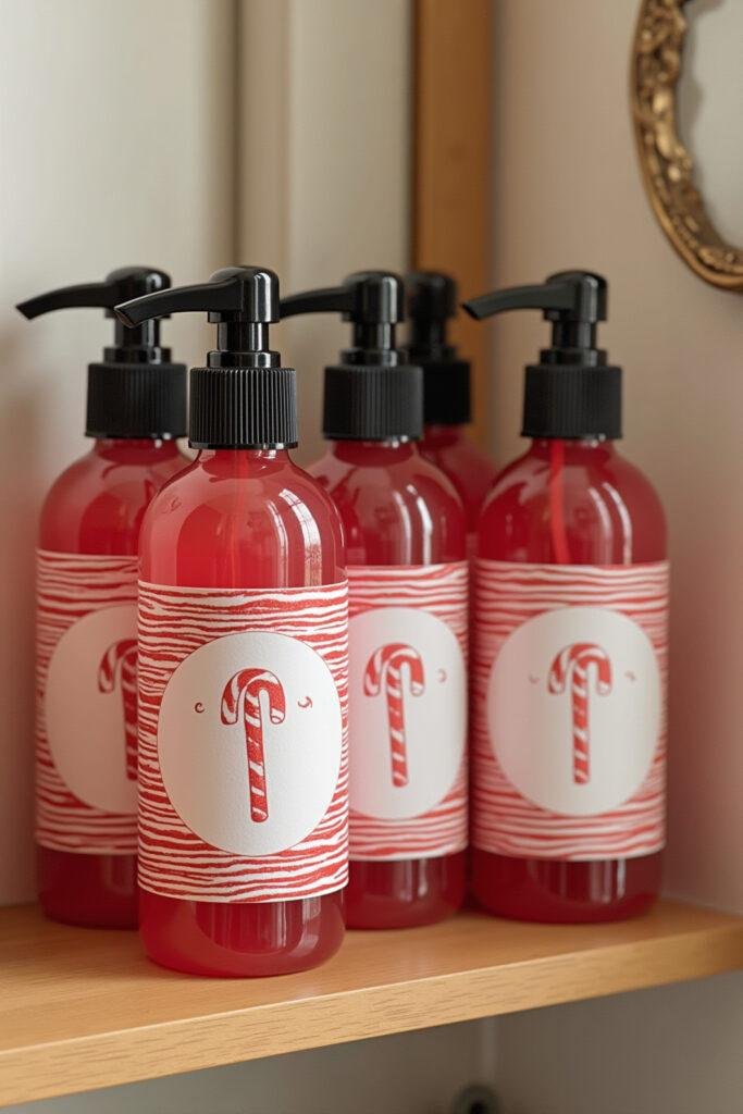 Homemade candy cane scented body wash bottles with red and white stripes displayed on a bathroom shelf for festive skincare