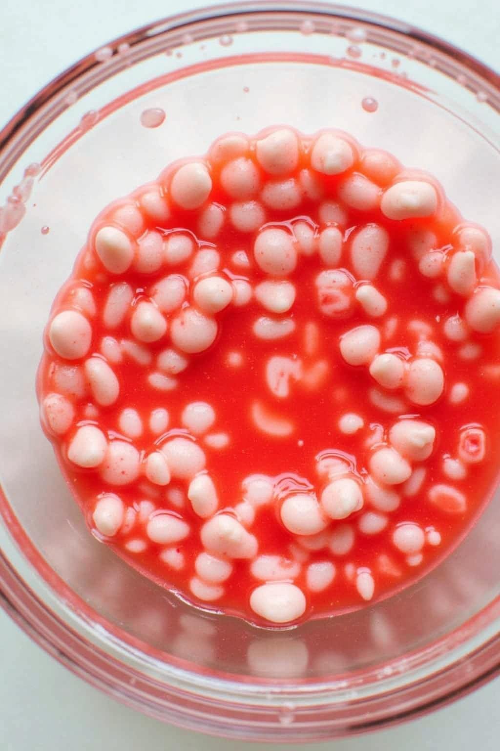 Ingredients for homemade candy cane body wash, featuring red and white layered liquids in a glass bowl