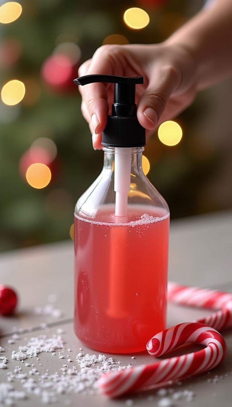 Person transferring homemade candy cane body wash into a pump bottle for convenient use