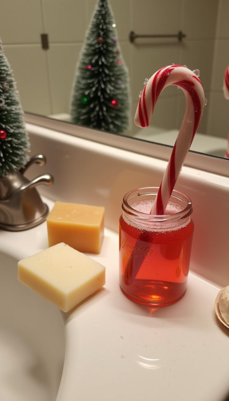 Decorative bathroom scene featuring homemade candy cane body wash amidst Christmas-themed decor