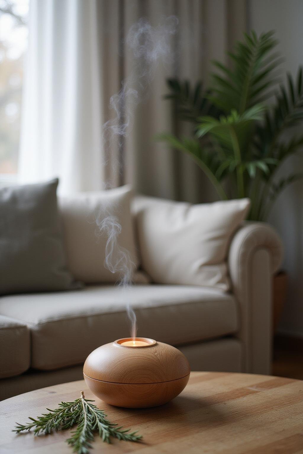 Modern essential oil diffuser releasing mist with herbs in a cozy room
