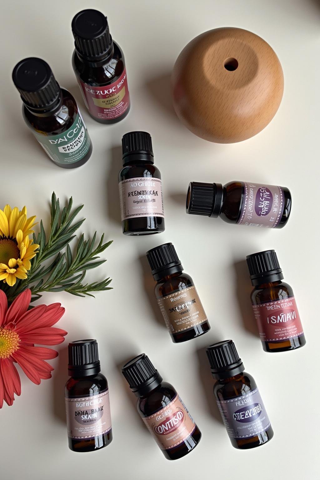 Essential oil bottles and diffuser with floral ingredients for blend recipes