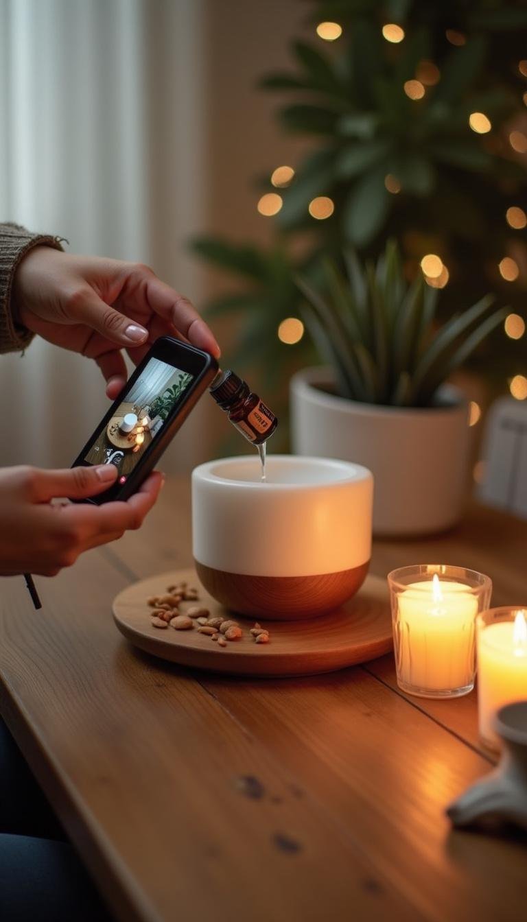 Person adding essential oils to diffuser with candles in the background