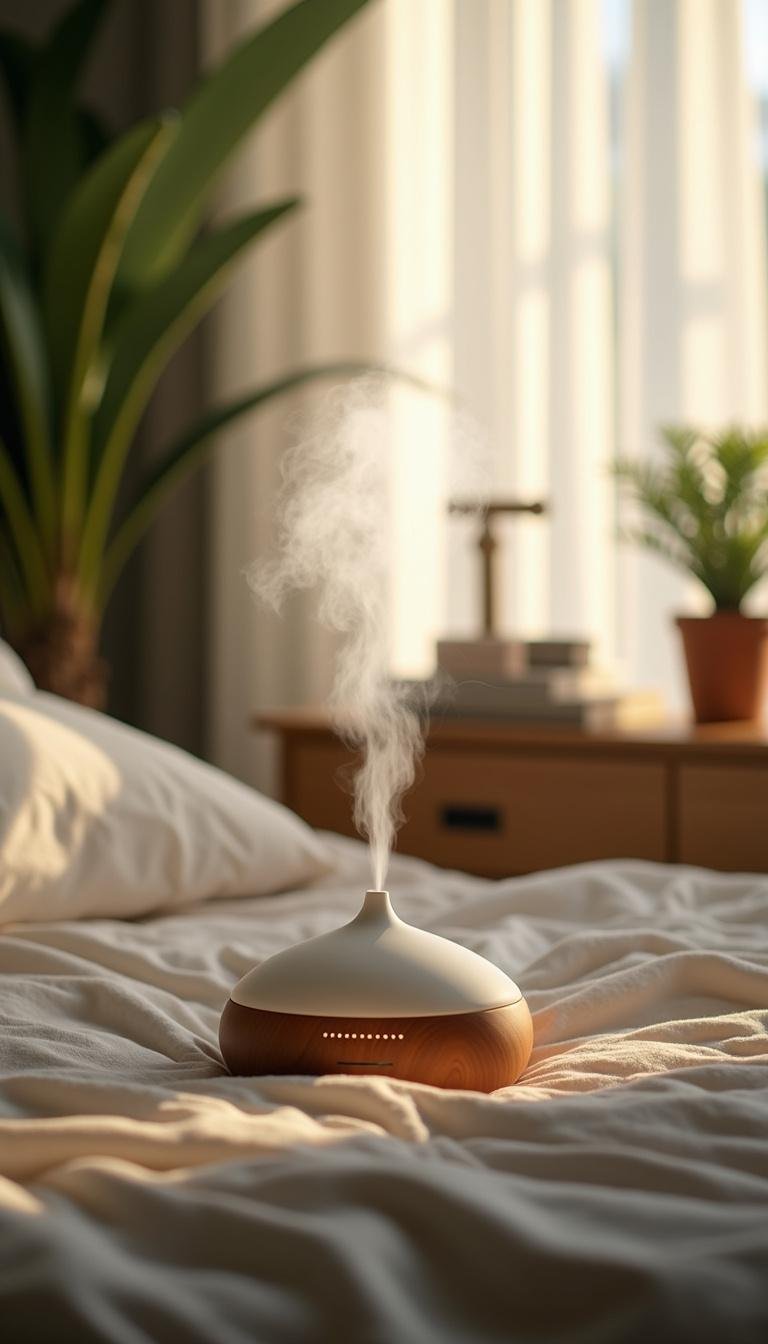 Relaxing bedroom with diffuser mist, soft lighting, and greenery