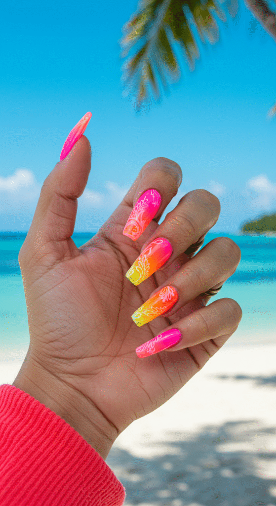 Neon Summer Nail 2025 in a beach background