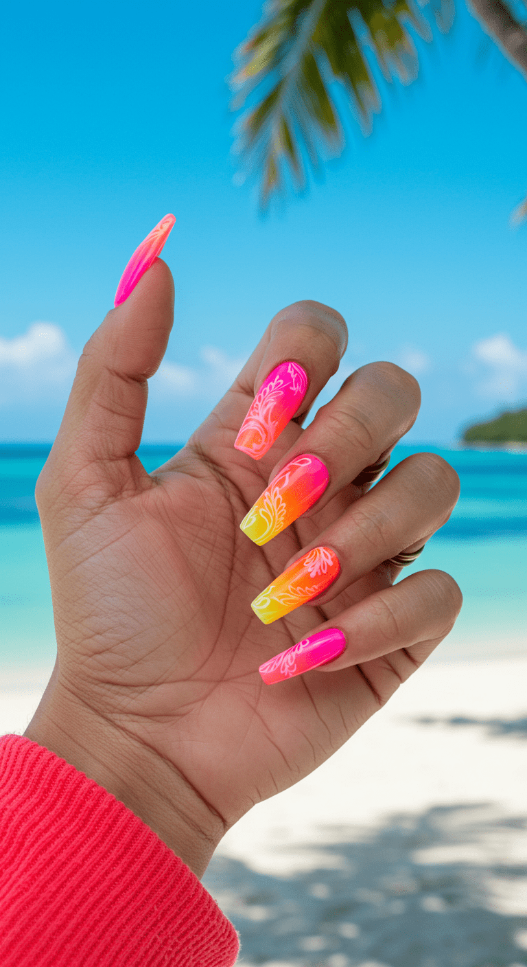 Neon Summer Nail 2025 in a beach background