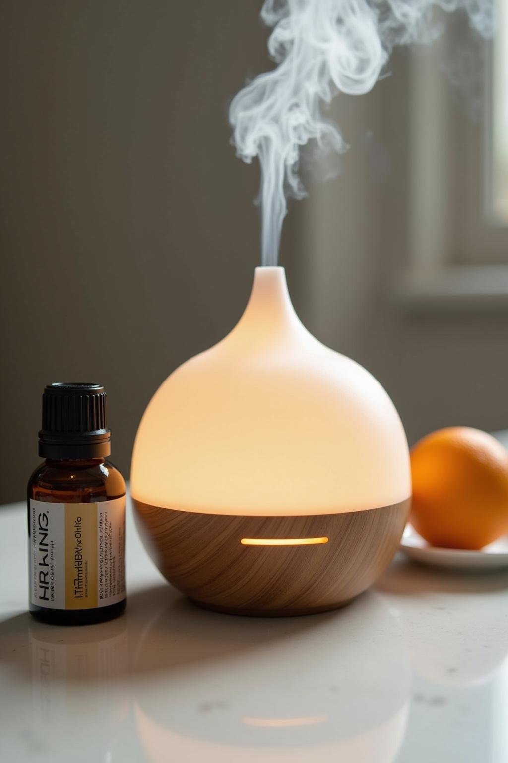 Diffuser emitting vapor with a bottle of immunity essential oil blend close by