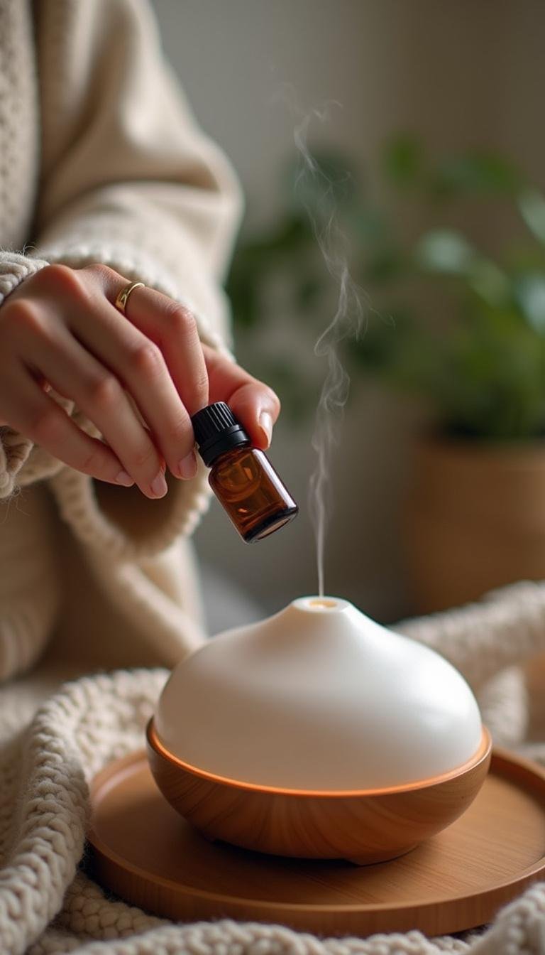 Person adding immunity essential oil blend to diffuser in a warm, cozy room
