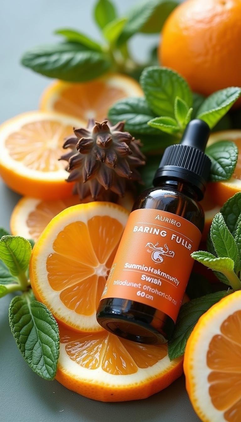 Natural ingredients such as eucalyptus, citrus, and herbs used for immunity essential oil blend