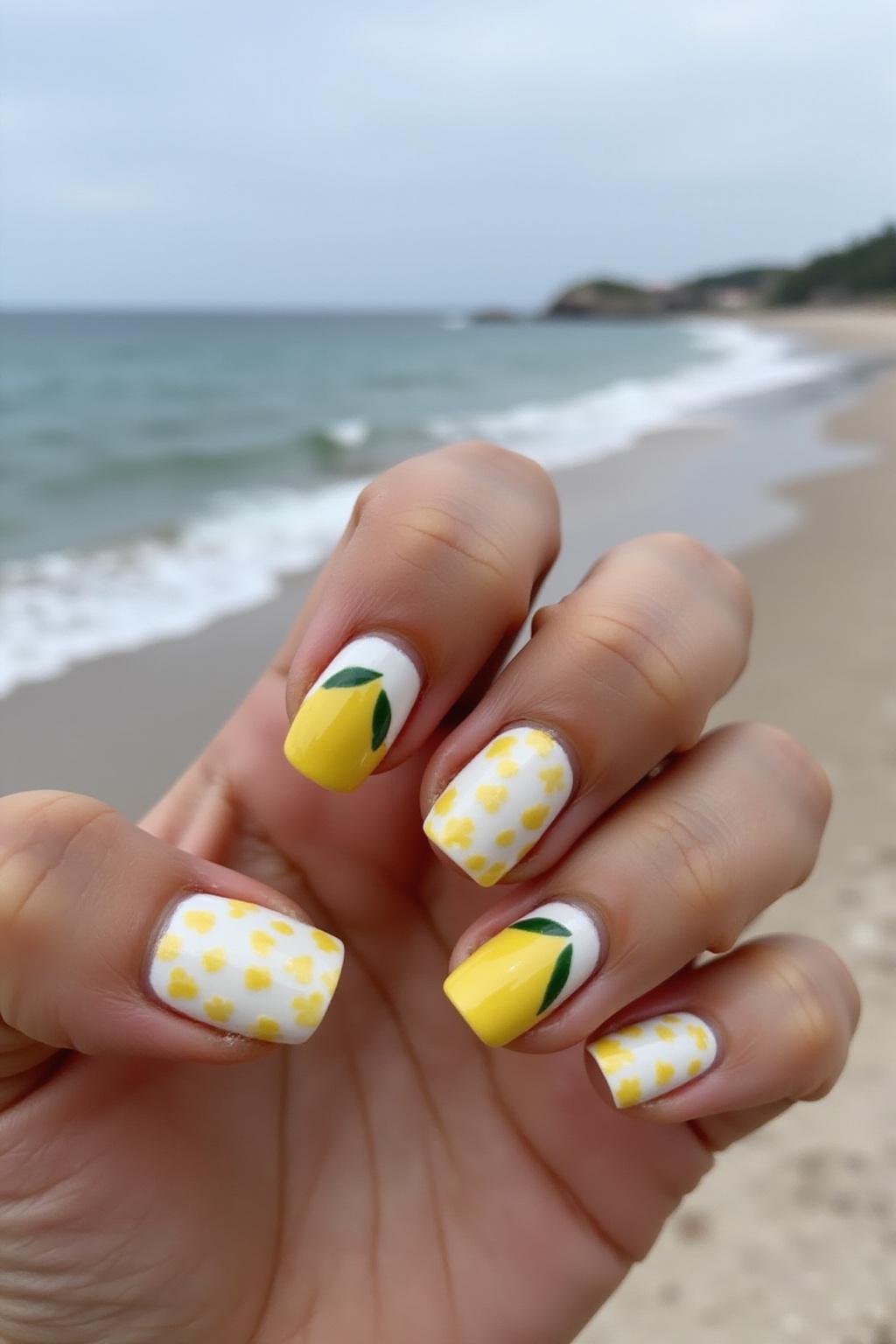 Woman's hand with lemon-themed nail art showing yellow and white citrus patterns, with a summer beach backdrop