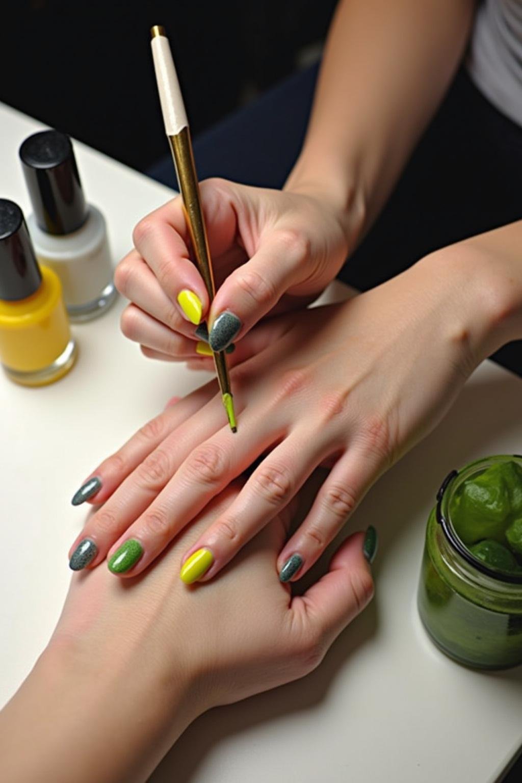 Nail technician painting lemon-shaped nail art on a woman's fingers, surrounded by summer-themed decor