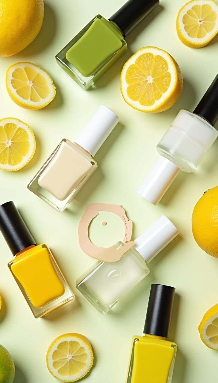 Nail polish collection with lemon-themed accessories and summer decor for Lemon Nails Designs 2025