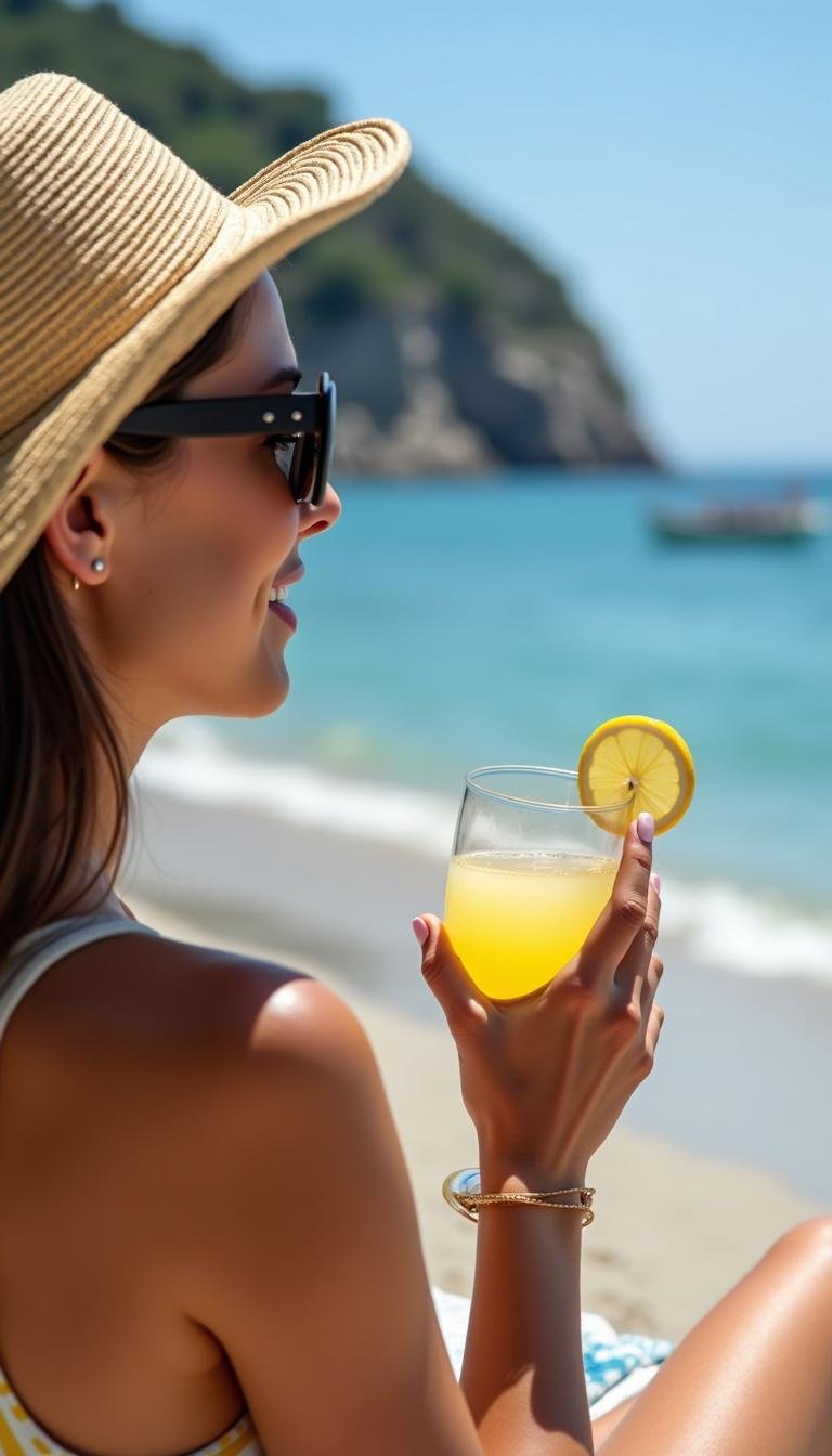 Woman with lemon nails relaxing on a beach chair by the water, embodying summer vibes inspired by the Amalfi Coast