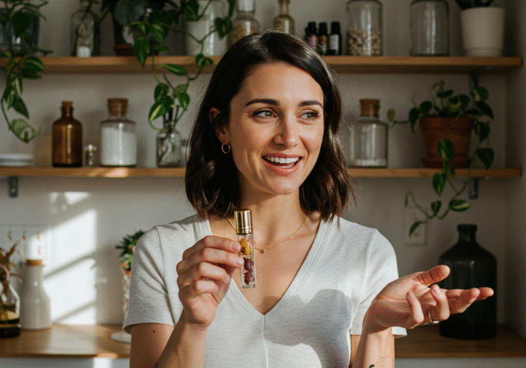 A headshot of Lily Monroe smiling in a bright room with plants. She is holding a small glass roller bottle for a DIY essential oil recipe.