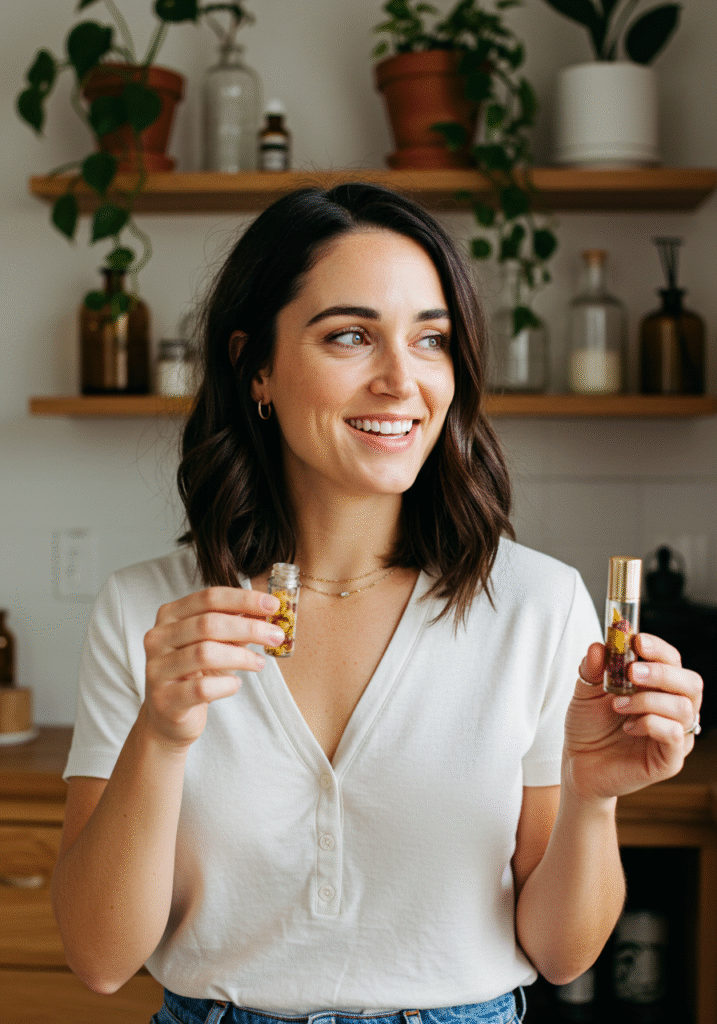 A headshot of Lily Monroe smiling in a bright room with plants. She is holding a small glass roller bottle for a DIY essential oil recipe.