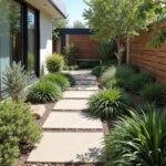 Modern low-maintenance garden featuring drought-tolerant plants, minimalist design, and stone pathways