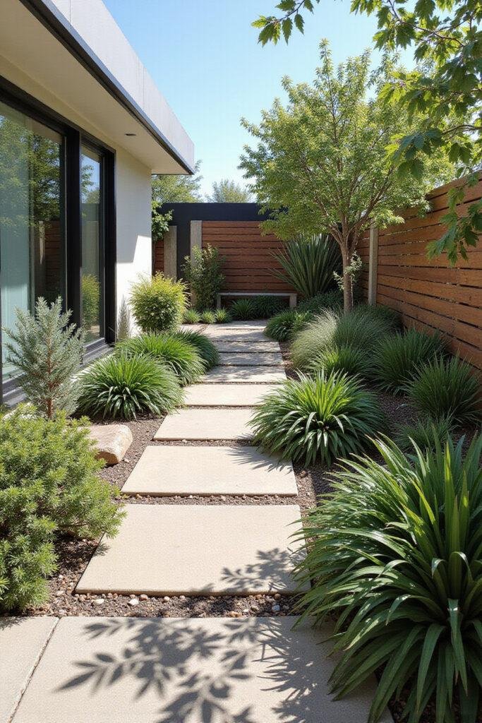 Modern low-maintenance garden featuring drought-tolerant plants, minimalist design, and stone pathways