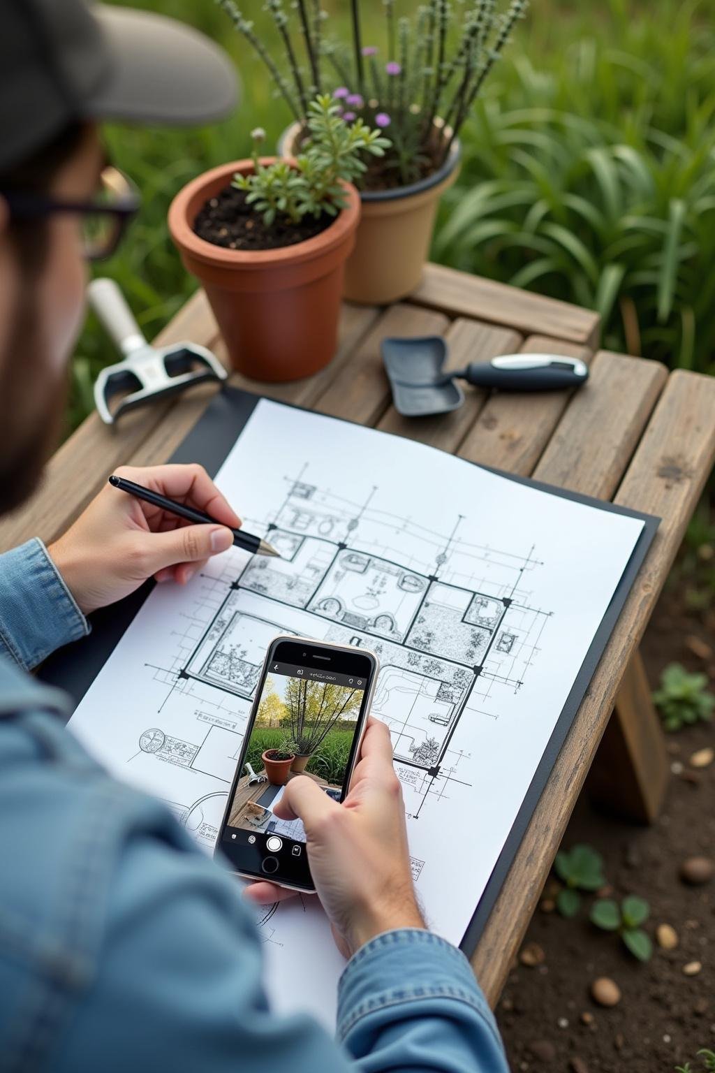 Landscape designer creating a low-maintenance garden plan outdoors with tools and greenery