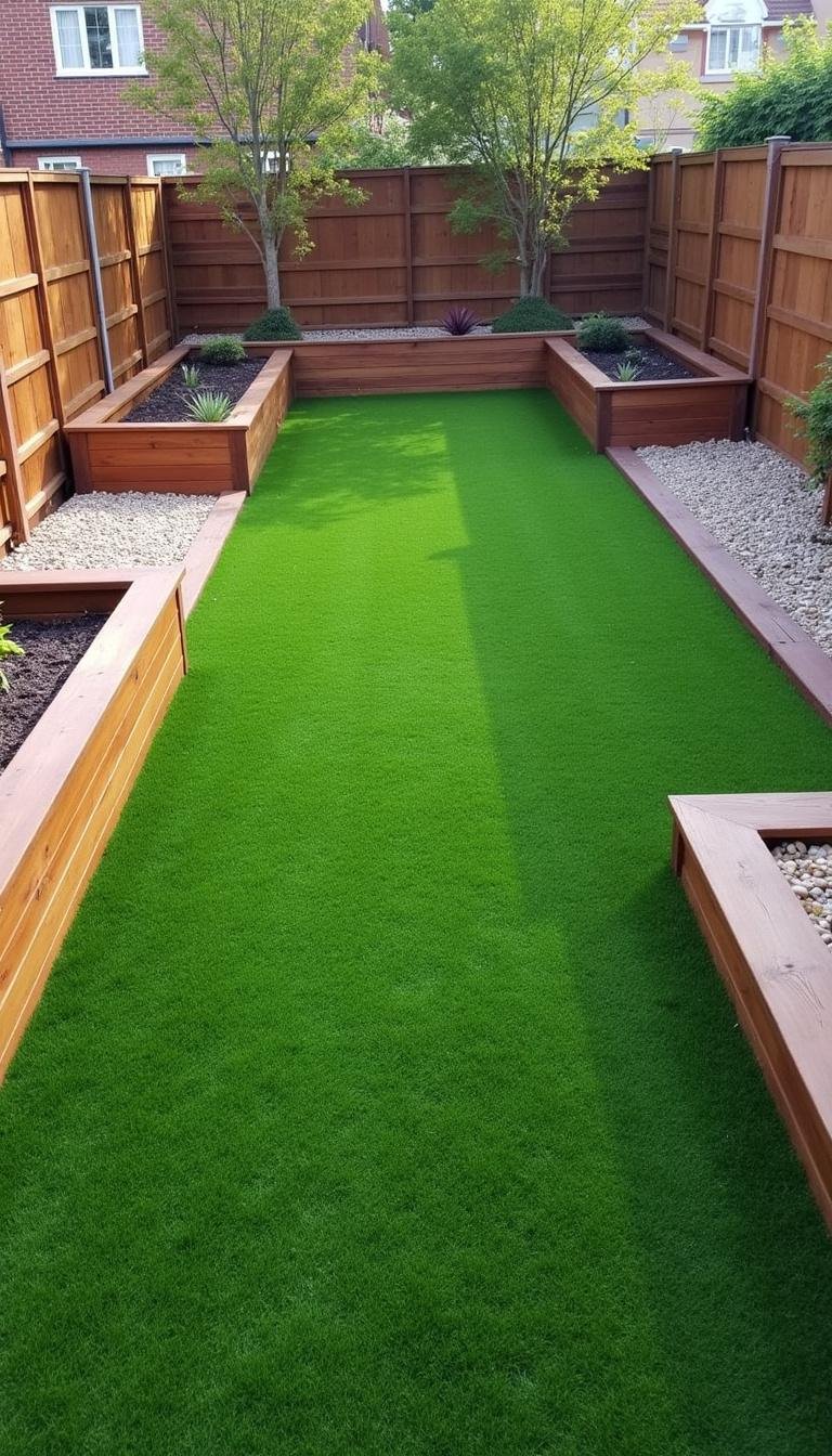 Backyard featuring artificial grass, raised wooden beds, and decorative gravel for low-maintenance gardening