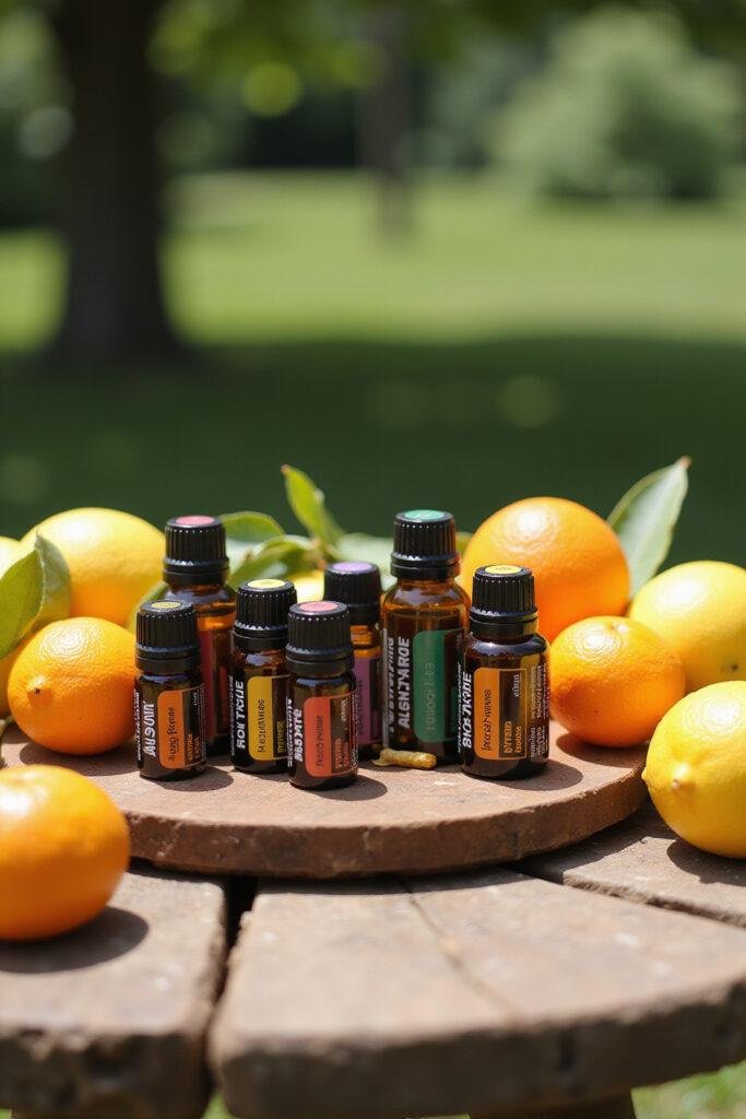 Summer outdoor scene with colorful essential oil bottles and fresh citrus fruits for refreshing summer recipes