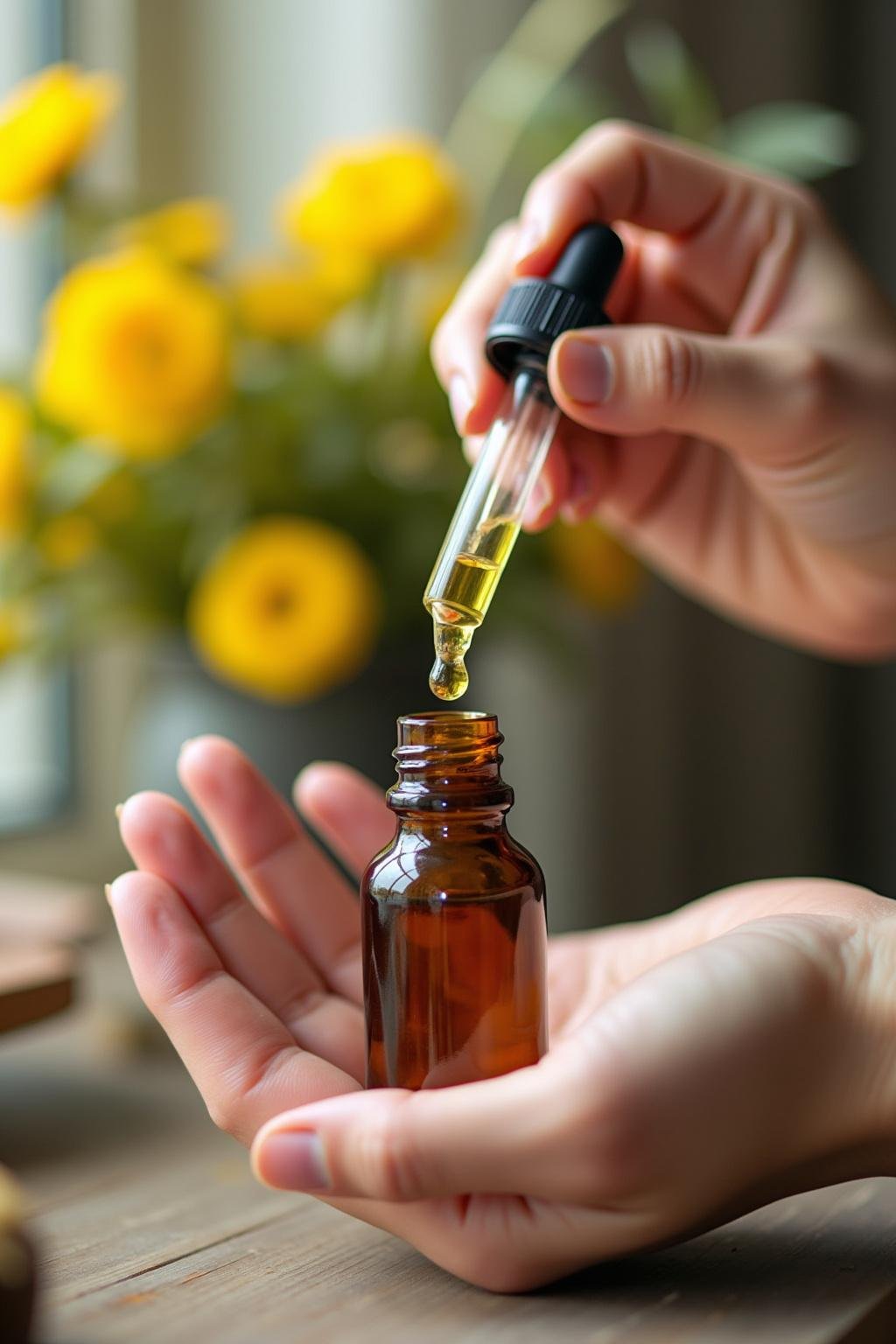 Person preparing essential oil blend for summer use with flowers in the background