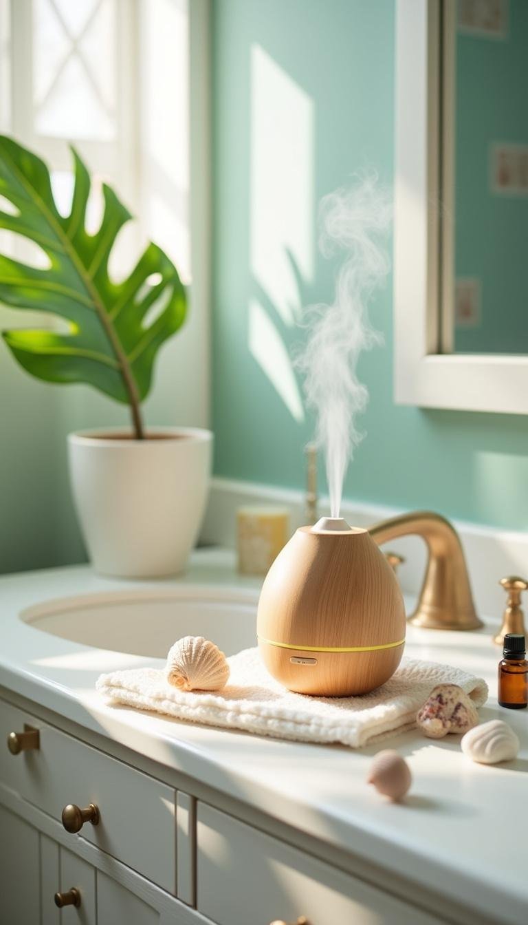 Summer-inspired bathroom with essential oil diffuser and tropical decor