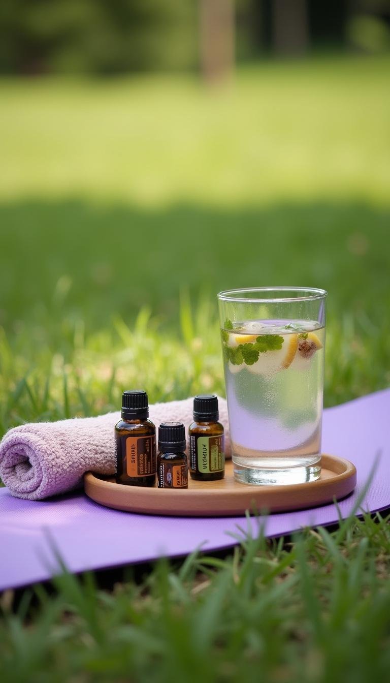 Summer outdoor yoga setup with essential oils for relaxation and wellness
