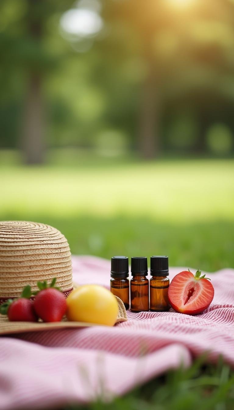Summer picnic with essential oil roller bottles and fresh fruits in a park