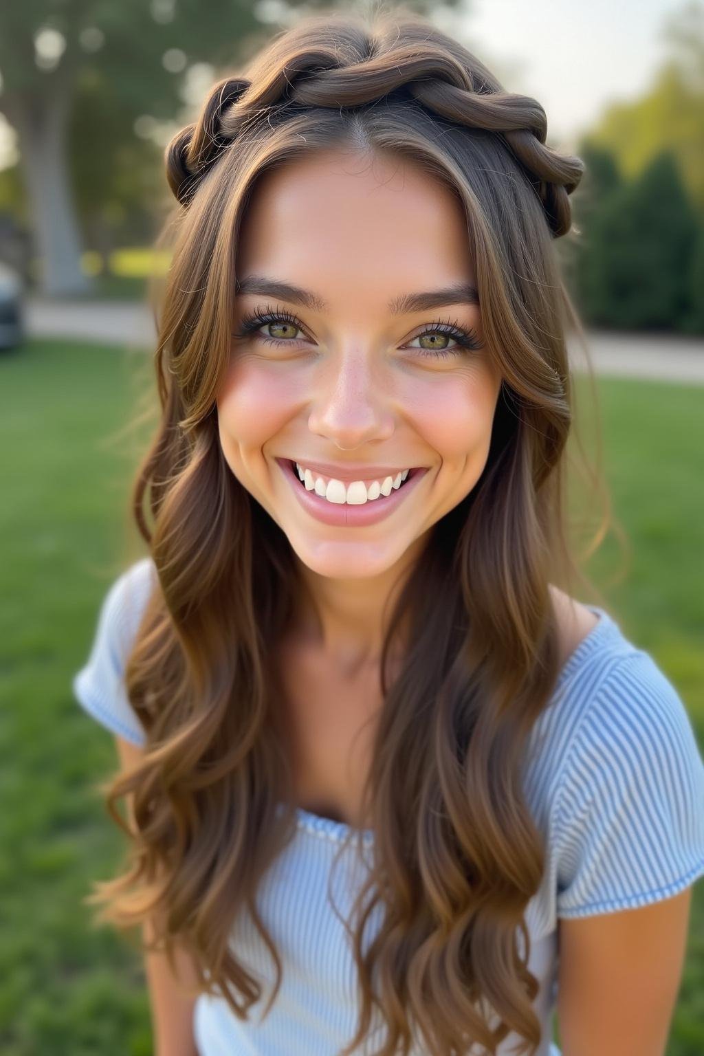 Cute summer braid for long hair - woman with braided crown hairstyle in a garden