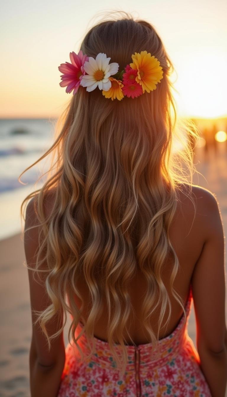 Easy summer beach wave hairstyle for long hair with floral accessory at sunset