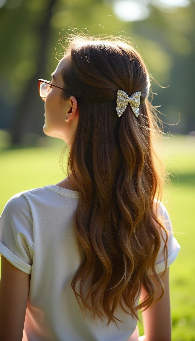 In trendy summer hairstyle - half-up half-down long hair with hair clip in a park setting