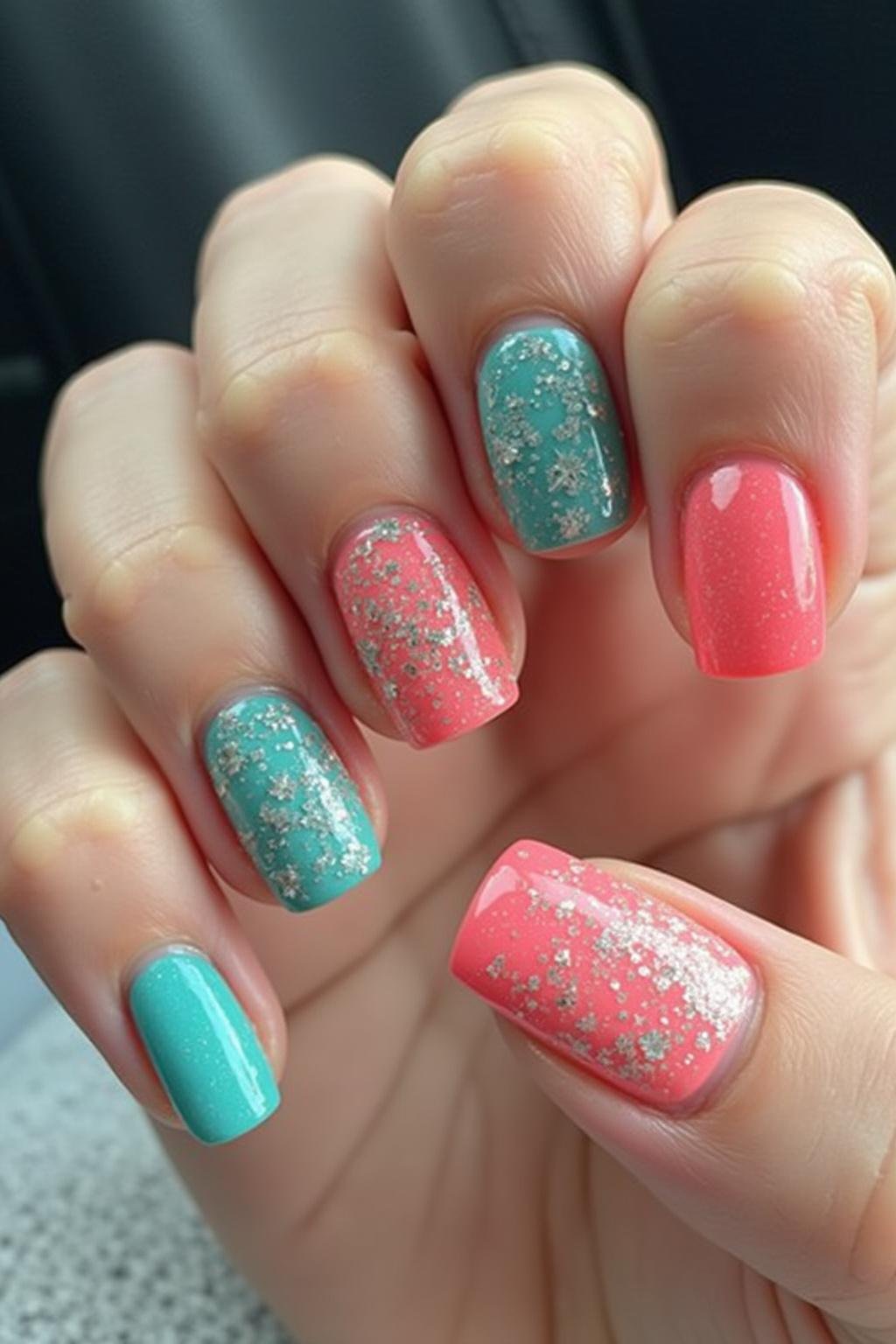 Beach-ready coral and turquoise summer nails with glitter detail for 2025