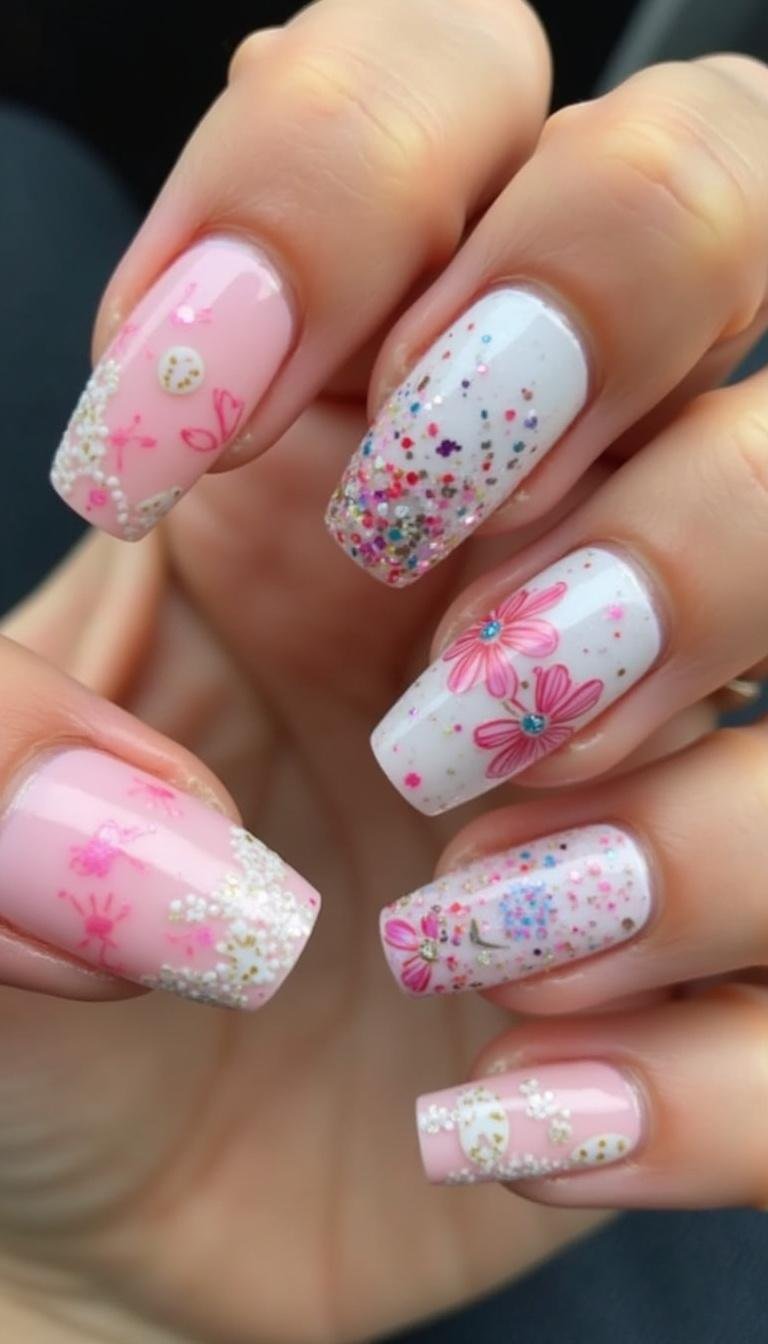 Variety of pretty summer nails with different art styles and colors for 2025