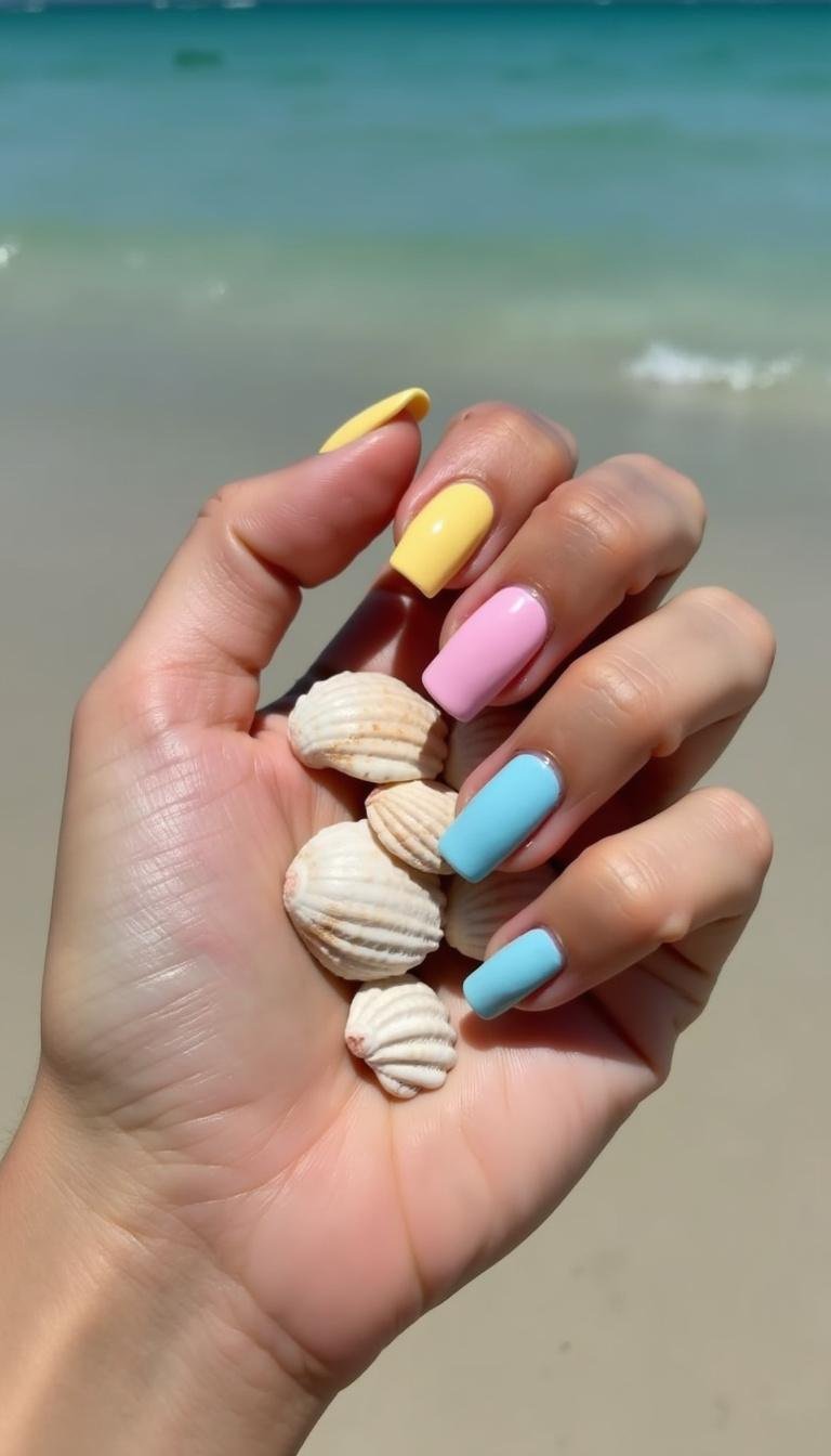 Summer nails in pink, yellow, and blue shades with seashells for beach-ready look 2025