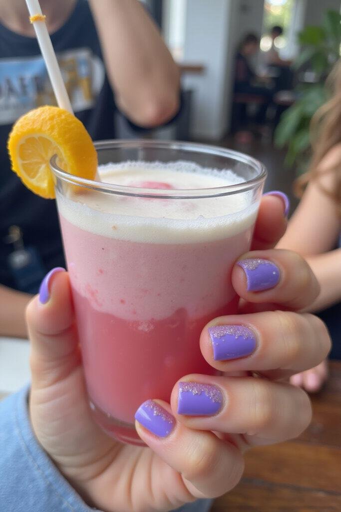 Close-up of a hand showcasing shiny purple gel manicure with glitter, holding a summer cocktail glass