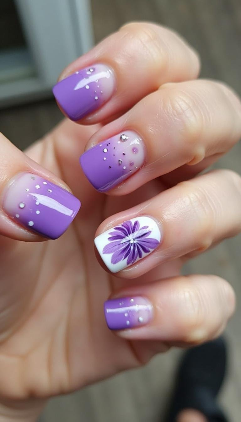 Creative purple acrylic summer nails with floral motifs and gradient effects displayed on hand