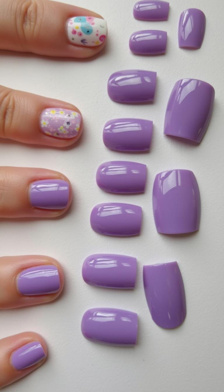 Collection of purple nail designs featuring simple gel and trendy acrylic styles on a flat surface