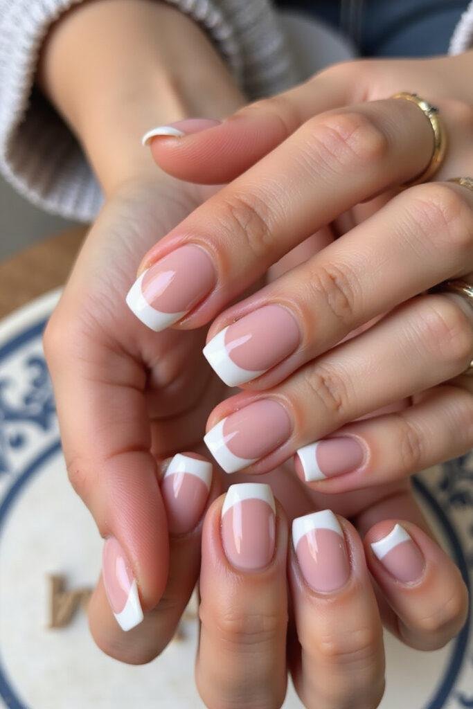 Beautiful almond-shaped French tip nails with white accents, perfect for summer 2025 fashion trends