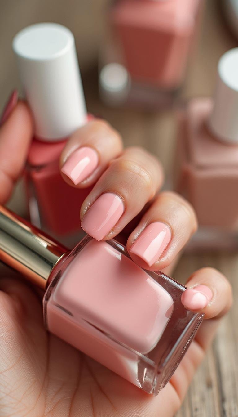 Variety of trendy summer nail polish colors for 2025, including pinks and neutrals